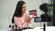 Beauty Blogger Present Beauty Cosmetics While Camera For Recording Video. Stock Footage