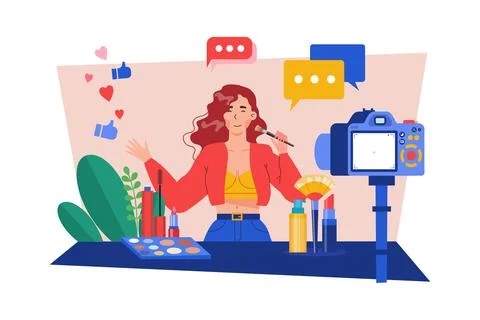 Beauty blogger recording makeup tutorial video for vlog Illustration concept  Stock Illustration
