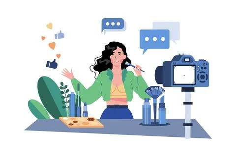 Beauty Blogger Recording Makeup Tutorial Video For Vlog Stock Illustration