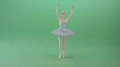 Beauty blonde ballet dancing girl in blue dress spinning on green screen Stock Footage 144482580