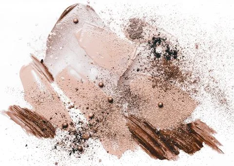 Beauty concept in beige colors. Smudged makeup foundation, broken shadows Stock Photos