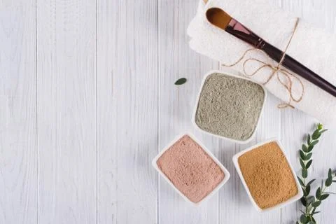 Beauty concept. Flat lay, Different clay mud powders natural ingredients Stock Photos