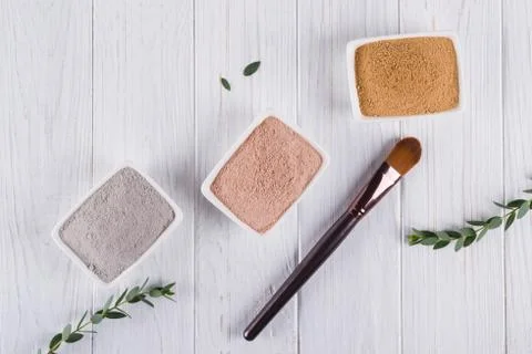 Beauty concept. Flat lay, Different clay mud powders natural ingredients Stock Photos