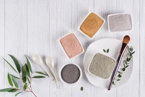 Beauty concept. Flat lay, Different clay mud powders natural ingredients Stock Photos