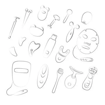 Beauty devices set. LED light therapy, vibration massage gadgets, microcurren 库存插图