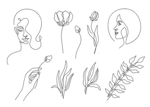 Beauty elements set in minimal line style with woman face, plant, girl hand Illustrazione stock