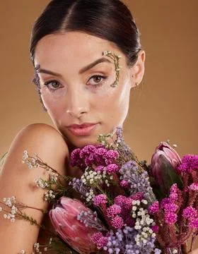 Beauty, flower bouquet or face portrait of woman with eco friendly cosmetics Stock Photos