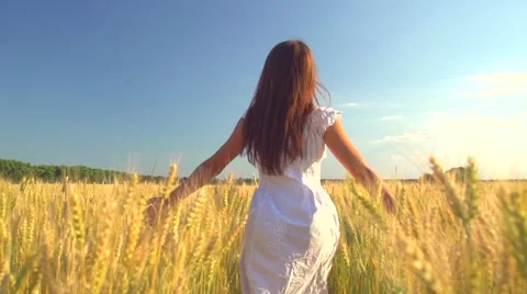 Beauty girl running on yellow wheat field. Freedom concept. Stock Footage 59084782