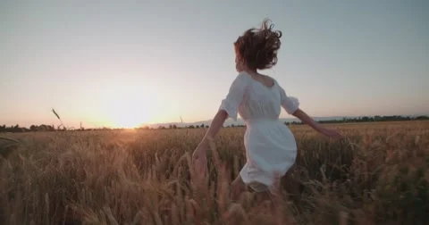 Beauty girl running on yellow wheat field. Freedom concept. Happy woman outdoors Stock Footage