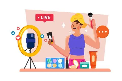A beauty influencer creates makeup tutorials on video platforms. Stock Illustration