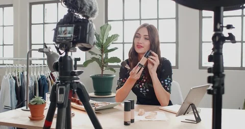 Beauty influencer recording daily vlog Stock Footage
