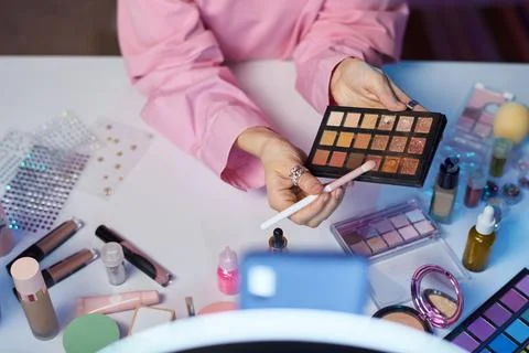 Beauty Influencer Recording Makeup Tutorial 写真素材