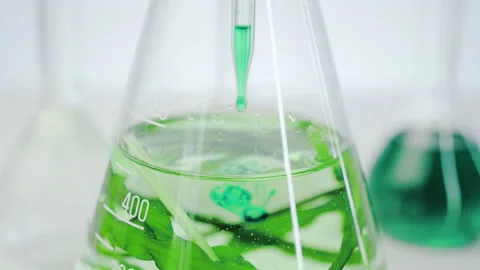 Beauty lab. Laboratory flasks with algae.  Stockbeeldmateriaal 140845675