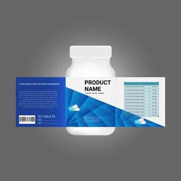 Beauty label, supplement bottle vector, white plastic Pills box, White medical Stock Illustration