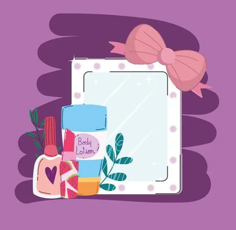 Beauty makeup mirror body lotion mascara and lipstick Stock Illustration