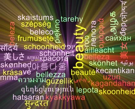 Beauty multilanguage wordcloud background concept glowing Stock-Illustration