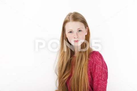Beauty portrait of young adorable fresh looking redhead woman with gorgeous e Stock Photos