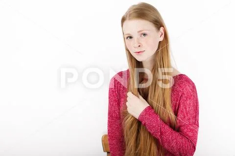 Beauty portrait of young adorable fresh looking redhead woman with gorgeous e Stock Photos