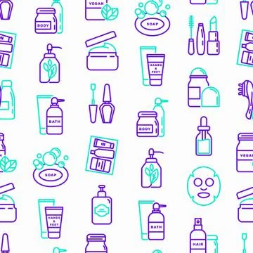 Beauty products seamless pattern with thin line icons: skin care, cream, gel Stock Illustration