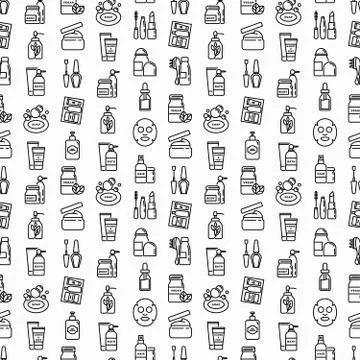 Beauty products seamless pattern with thin line icons: skin care, cream, gel Stock Illustration