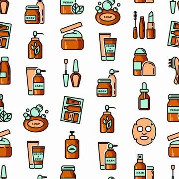 Beauty products seamless pattern with thin line icons: skin care, cream, gel Stock Illustration