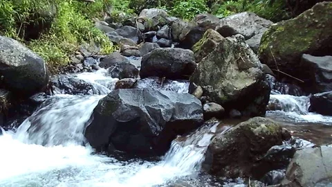 Beauty river stream become small waterfall among big rocks Stock-Footage 124772896