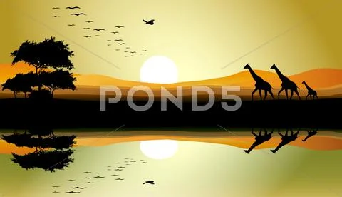 Beauty safari of giraffe silhouette Stock Illustration
