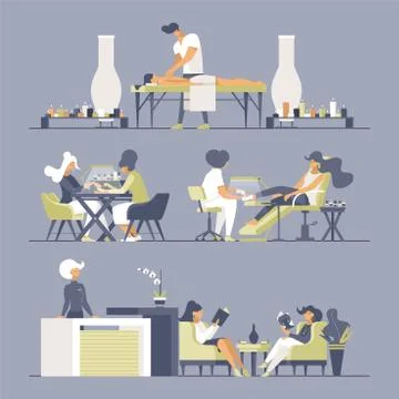 Beauty salon flat vector illustrations set. Beauticians, masseur, receptionist Stock Illustration