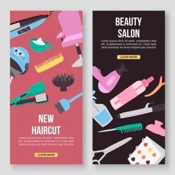 Beauty salon tools vector concept banners. Haircut, beautiful manicure and make Stock Illustration