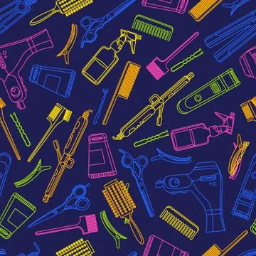 Beauty salon vector seamless pattern. Colorful outline hair hairdresser tools Illustrazione stock