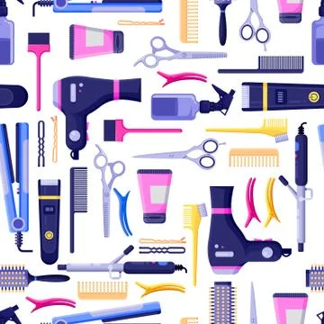 Beauty salon vector seamless pattern. Colorful hair hairdresser tools and equ Stock Illustration
