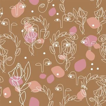 Beauty seamless pattern with one line women faces in boho colors. Illustrazione stock