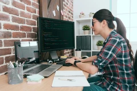 Beauty smiling female programmer using computer Stock Photos