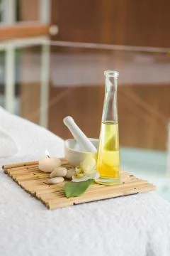 Beauty treatments on massage table Stock Photos