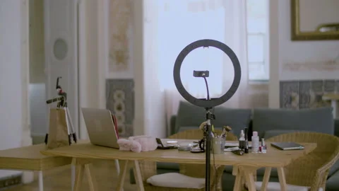 Beauty vlogger home studio in empty living room. Stock Footage 229529911
