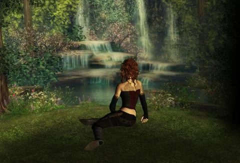 Beauty by the Waterfall Stock Illustration