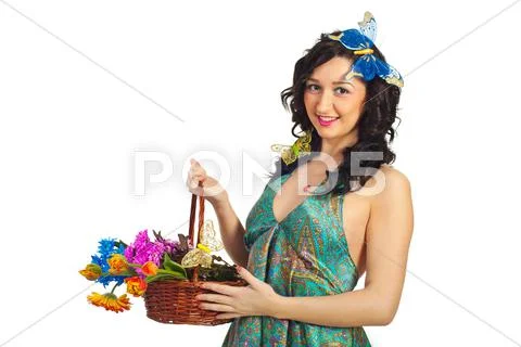 Beauty woman holding flowers Stock Photos