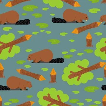 Beaver and tree pattern seamless. Swamp rodent and dam background Stock Illustration