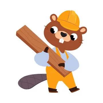 Beaver Builder Character in Hard Hat Carry Wooden Plank Vector Illustration Stock Illustration