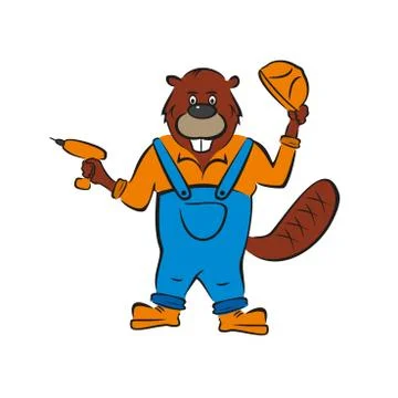 Beaver, builder, holds an electric screwdriver in his hand Illustrazione stock