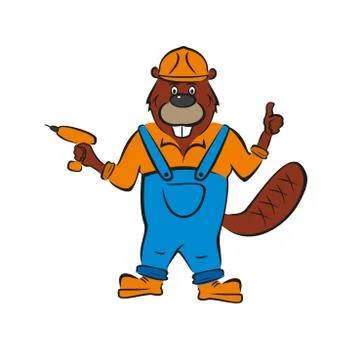 Beaver, builder, holds an electric screwdriver in his hand Illustrazione stock