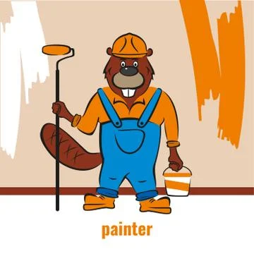 A beaver, a builder, holds a paint roller and a bucket of paint in his hand Stock Illustration