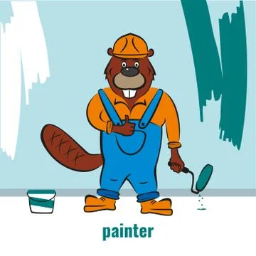 A beaver, a builder or a house painter against a wall, holds a paint roller 스톡 일러스트