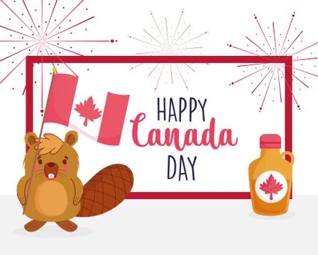Beaver with flag and maple syrup of happy canada day vector design Stock Illustration