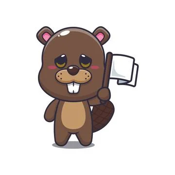 Beaver mascot cartoon character vector illustration with white flag. Stock Illustration
