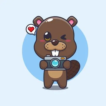 Beaver mascot cartoon character vector illustration with camera. Stock Illustration