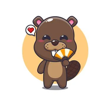 Beaver mascot cartoon character vector illustration with hand fan. Stock Illustration