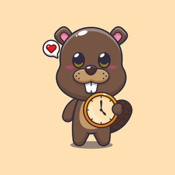 Beaver mascot cartoon character vector illustration with clock. Stock Illustration