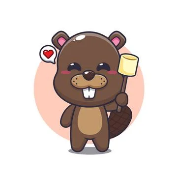 Beaver mascot cartoon character vector illustration eating marshmallow. Stock Illustration