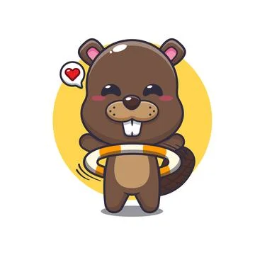 Beaver mascot cartoon character vector illustration playing hula hoop. Stock Illustration